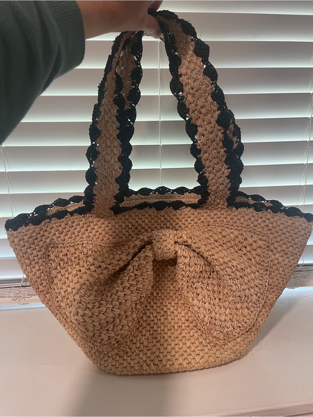 kate spade Tan Woven Tote with Black Trim and Bow - Picture 4 of 5